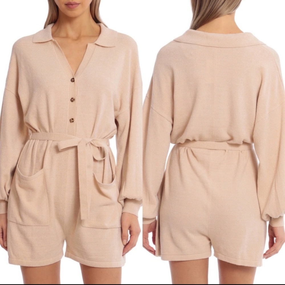 Avec Les Filles Belted Knit Romper Shorts Sweater Lounge Tan Oat Beige